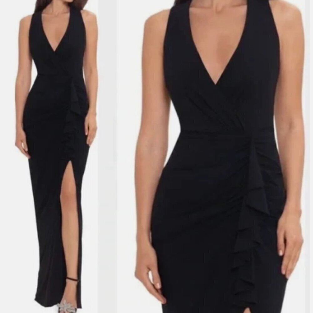 New! Betsy & Adam Ruched Ruffle Column Gown in Black Size 14W 26744